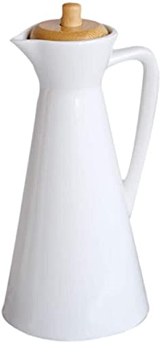 Botella de aceite blanca de cerámica con cubierta de bambú sellada, dispensador de vinagre antifugas para aceite de oliva, salsa de soja y vinagre