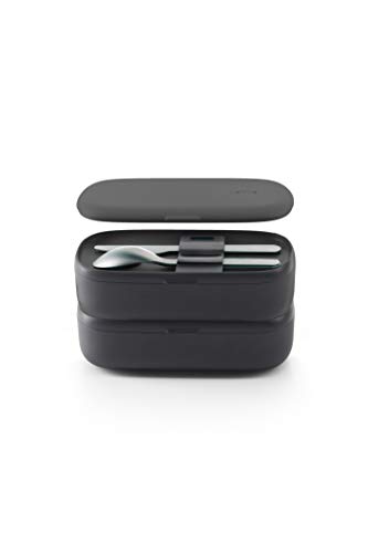 Lékué Recipiente doble hermético para conservar y transportar alimentos con cubiertos, Negro, 1000 ml