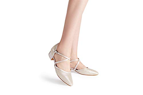 HXYOO Closed Toe Low Heel Glitter Ballroom Dance Shoes for Women Salsa Latin Wedding Party 1 1/2“ Heel S11-1