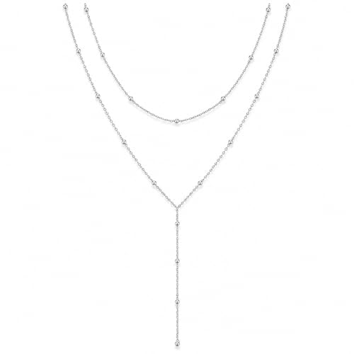 Vayfoni Long Layered Necklace for Women - Silver Necklace Chain with Y-Shaped Beaded Pendant - Minimalist Jewelry Accessory - Trendy Fashion Gift for Her (Silver)