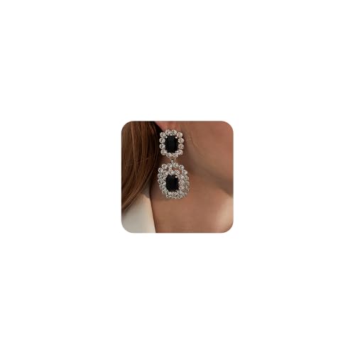 fxmimior Women Bride Wedding Boho Statement Large Black Rhinestones Elegant Earrings Silver Tassel Full Rhinestones Long Chain Drop Dangle Prom Earrings for Women (Silver) by fxmimior - Used condition - US$8.72