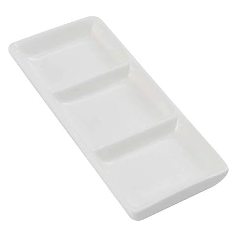 esowemsn 1PC Mini White Ceramic Rectangular 3 Compartment Appetizer Serving Tray 6.9 X 3.0inch Divided Spices Vinegar Nuts Snack Sauce Dishes for Home Kitchen Restaurant Cover