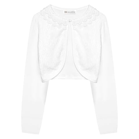 BOLEROSE Girls Long Sleeve Floral Lace Bolero Cardigan Kids Shrug Cover Up (White, 7-8 YRS) Cover