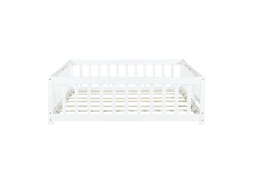 PVWIIK Full Size Montessori Floor Bed Frame with Convertible Door & Wood Slats for Kids,Wood Montessori Bed with Safety Guardrails for Girls & Boys,White