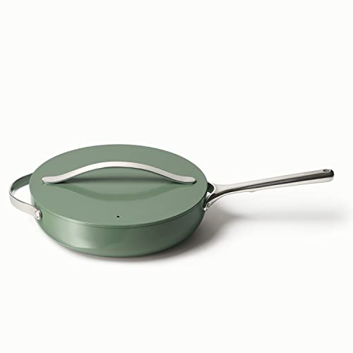 Caraway Ceramic Sauté Pan with Lid – Durable, Non-Toxic Ceramic Coated Interior – Stainless Steel Handles – Induction, Gas, & Electric Stovetop Safe – Oven Safe – Sage