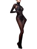 Rswnyirn Women's High Elastic Ice Silk Sheer Tights Long Sleeve Bodystocking Bodysuit Catsuit Black One Size