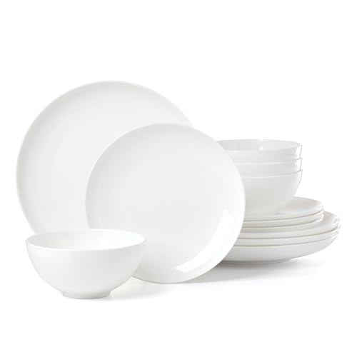Image of Lenox Dinnerware Set, Studio 1414 Coupe 12-Piece Set, Service For 4, Bone China Material, Dishwasher & Microwave Safe, Home And Kitchen, Kitchen And Dining, Plates And Bowls Sets (White, 12 Pieces)