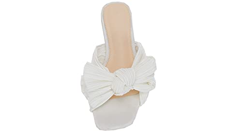 VETASTE Women's Pleated Bow Flat Sandals Open Square Toe Slip on Slide Sandals4