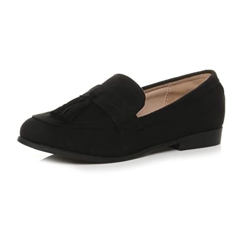 Ajvani Womens Ladies Flat Low Heel Tassel Smart Vintage Oxford Shoes Brogues Loafers Size Black Suede Cover