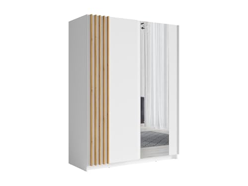 Vente-unique - Armoire 2 Portes coulissantes - avec Miroir - L150 cm - Blanc et Naturel - CALELA