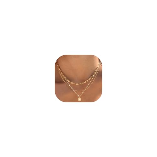 YEEZII Layered Gold Necklaces for Women Trendy, 3 Pcs 14K Gold Plated Choker Paperclip Box Chain Necklace, Stackable Women's Gold Pendant Necklaces Jewelry Set