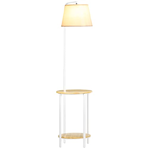 HOMCOM Lampadaire sur pied lampe à pied avec abat-jour en tissu et 2 étagères rondes en bois, interrupteur au pied, hauteur 162 cm, blanc