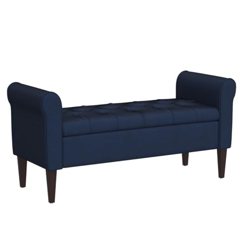 Image of Upholstered Flip Top Storage Armrest Bench Ottoman Pouffe Puffy Settee 2 Seater Sofa Footstool for Livingroom Bedroom Office Hotel Guestroom (Navy Blue) - Sal Wood