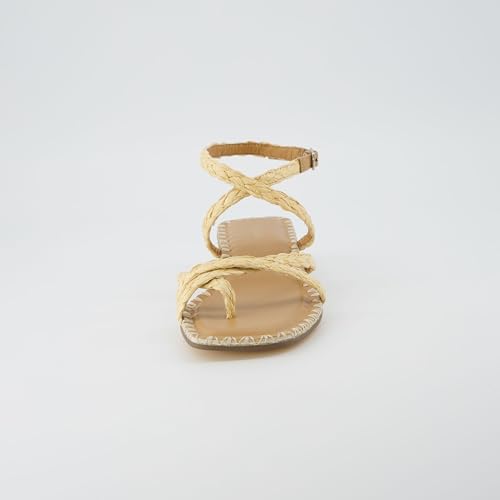 CUSHIONAIRE Wave Raffia Strappy Sandals for Women โ Braided Toe Ring Ankle Wrap Dress Sandal with Low Block Heel & Memory Foam3