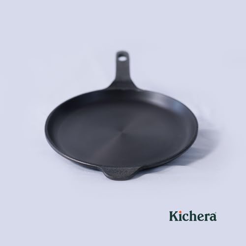 Image of Kichera Premium Cast Iron Frying Pan Pre-Seasoned with Long Handle | Naturally Non-Stick 10 Inch Omelette Pan | Cast Iron Multipurpose Skillet for Eggs, Pancakes, Dosas, Roasting & Everyday Cooking