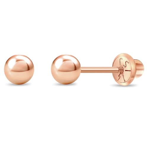 14k Rose Gold Girl's Ball Stud Screw Back Earrings for Toddlers & Young Girls - Small Classic Ball Stud Earrings for Young Kids & Preteens - Simple & Elegant Earrings for Children