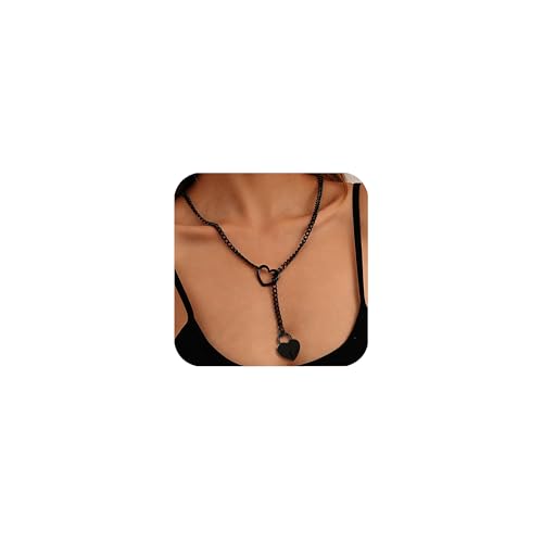 APMGONT Slip Halskette für Damen, Herz Ketten, Edelstähle Slip Chain Kette, Schmuck Verstellbare Lariat Y-Halskette für Jungen Und Mädchen (Schwarzes Schloss)