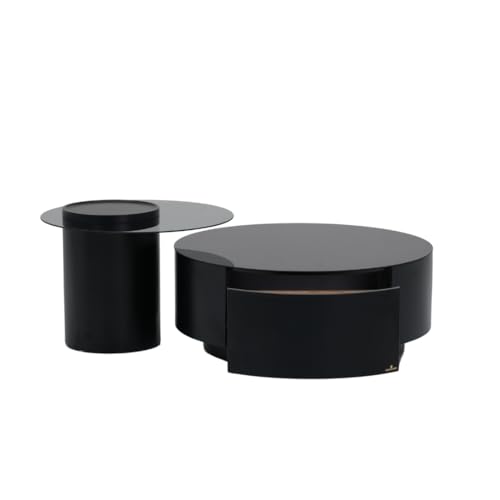 Image of Royaloak Turin Italian Glass Coffee Table Set of 2 | Coffee Table for Living Room with Tempered Glass & Glossy Finish | Nesting Design with Drawer Storage | Modern Centre Design