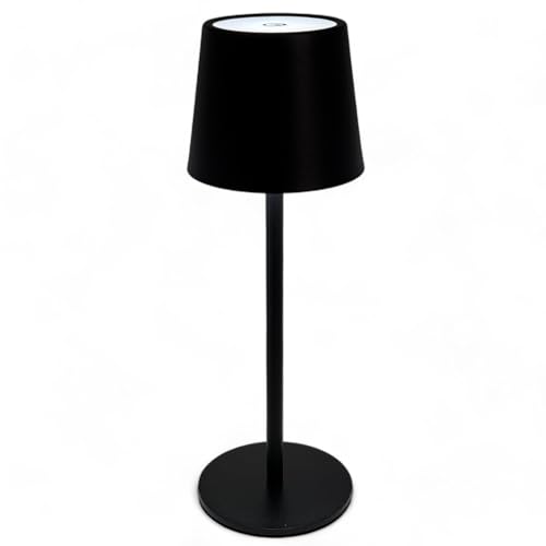 Lámpara de mesa LED inalámbrica con interruptor táctil, regulable, inalámbrico, portátil, para salón, dormitorio, escritorio, lectura (negro, base redonda, 26 cm)