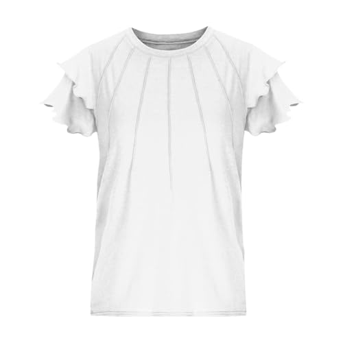 Girls Tshirts Ruffles Short Sleeve Plain Pleated Crew Neck T Shirts Tops Teen Kids Loose Fit School Casual Tees3