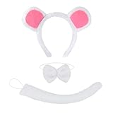 Yxtwaeh 3 Pieces White Mouse Costume Accessories Rat Ears Headband Bow Tie Tail for Unisex Adults Halloween Dress Up Party, White