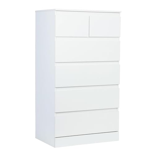 Cómoda estrecha blanca de 6 cajones para almacenamiento de dormitorio con asas