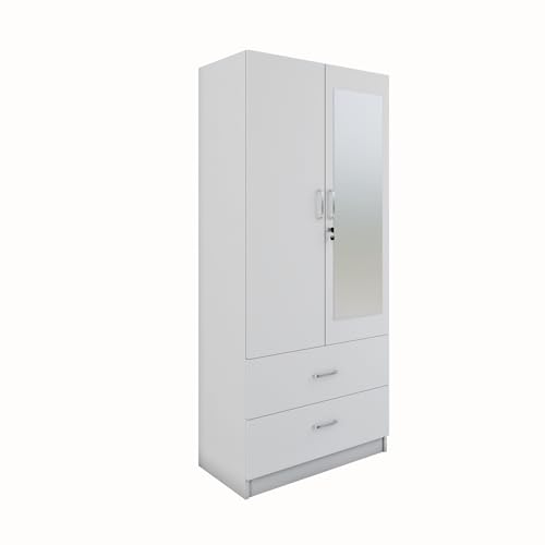 Image of VIKI Wardrobe | Albarracin Wardrobe | Wooden Almirah for 2 Door Wardrobe with 2 Drawer & Hanging Space with Mirror (Frosty White - 40D x 80W x 180.8H) | 1 Year Warranty | Free Assembly