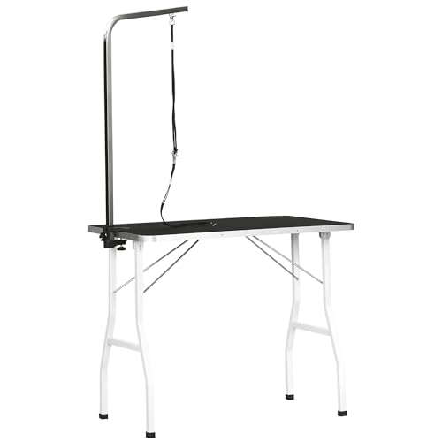PawHut Trimmtisch für Hunde Hundepflegetisch klappbar, Haustierpflegetisch mit höhenverstellbarem Galgen, Schlingen, rutschfest Oberfläche, Schertisch bis 150 kg, 91,5 x 61,5 x 76 cm, Schwarz