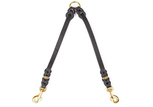 CopcoPet Guinzaglio doppio in pelle grassa, 50 cm x 15 mm, nero, accoppiamento e guinzaglio gemellare per 2 cani, collegamento robusto con 2 moschettoni in ottone, intrecciato e durevole, per cani di