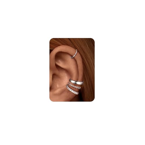 Ear Cuff Set für Damen Ohne Piercing - 4 Paar 14K Goldbeschichtete Ohrklemmen Fake Helix Nicht Verblassend Knorpel Ohrringe für Ungepiercte,Verstellbare Ohrmanschetten in Geschenkbox Silber-Klassik