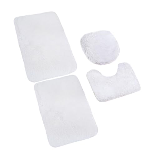 4-Piece Bathroom rug Set with U-Shaped Toilet Lid Cover Non-Slip Soft Fluffy Washable Bath Mats - White Shaggy Rugs for Cozy Comfort And Style