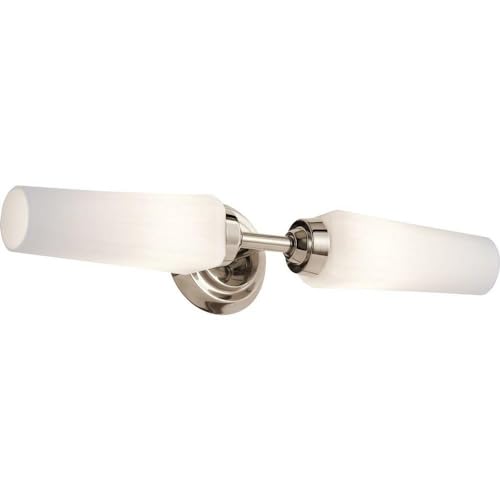 Image of Kichler Truby 2-Light Bathroom Vanity Light Fixture with Satin Etched Cased Opal Glass in Polished Nickel, Modern Wall Mount Light for Mirror (19.75 x 4.5 x 4.5), 45887NI