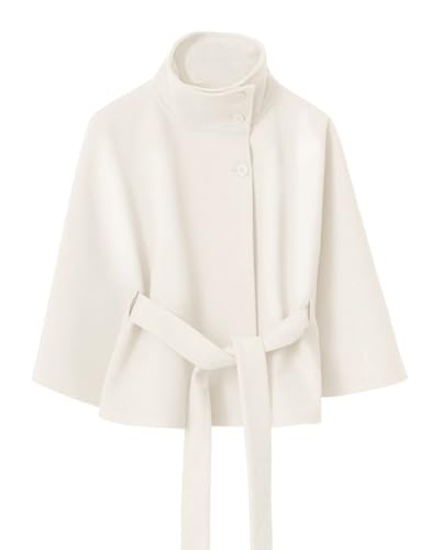 Womens Batwing Sleeve Poncho Pea Coats Elegant Stand Collar Capes Jacket Cloak Belted Fall Trendy Casual Outerwear2