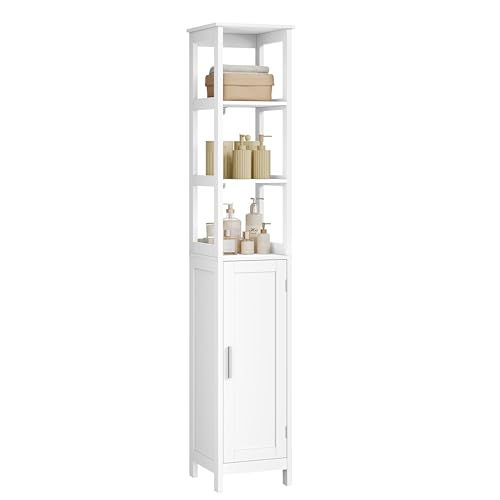 EUGAD Meuble de Salle de Bain Colonne, Armoire Haute et Étroite avec Étagères Ouvertes, pour Salle de Bain, Salon, Bureau, en Bois MDF, Blanc, 30x30x163 cm