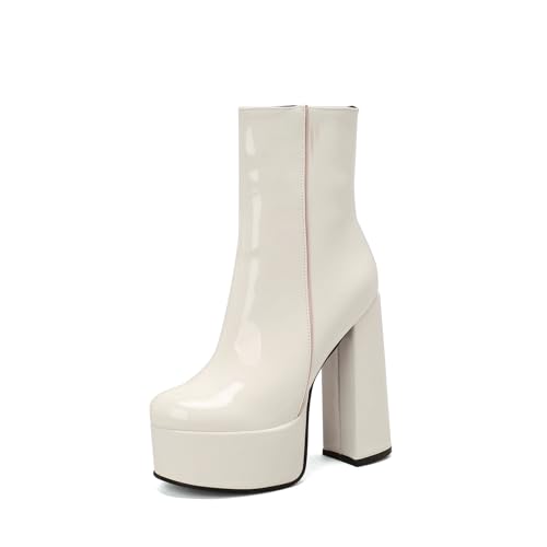 TNMIUH Botas de Plataforma para Mujer, Botines de Tacón Ancho Super Grueso de 14.5cm, Zapatos de Fiesta en Charol con Cremallera Lateral, Negro Blanco,Blanca,37 EU