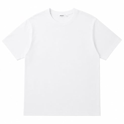 [KIGETSU] メンズ Tシャツ, コットン100%, ホワイト, クルーネック, 半袖, レギュラーフィット, 無地, カジュアル