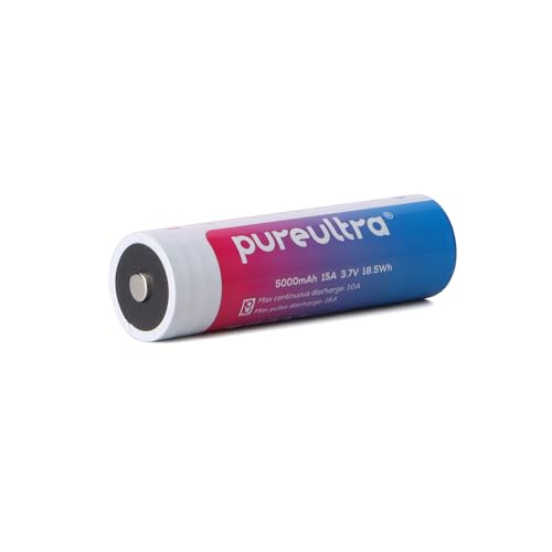 Batería de iones de litio PureUltra 3.7V – 5000mAh de alto rendimiento, 15A de alto drenaje, sin protección – ideal para linternas o herramientas