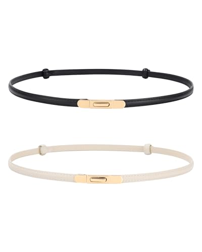 2 Pack Women's Skinny Genuine Leather Belt Adjustable Thin Waist Belt