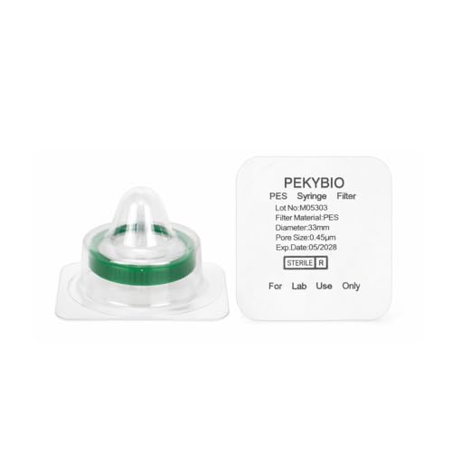 Image of PEKYBIO Sterile Syringe Filter, 33mm PES Filtration 0.45μm Pore Size with Green Smooth Ring, Individually Packed for Lab, Pack of 10