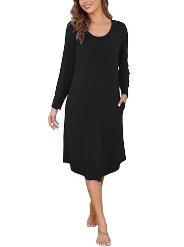 Wikoan Damen Nachthemd Langarm Elegant Sleepshirt Weich Schlafkleid Lange Nachthemden Hauskleid Nachtkleid Sleepwear mit Seitentaschen Schwarz XL