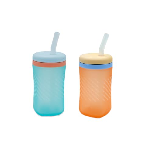 The First Years Silicone Squeeze & Sip Straw Cup - Spill-Proof Toddler Training Cups - Dishwasher Safe - Orange and Blue - 7 oz - 2 Count - Ages 6 Months+