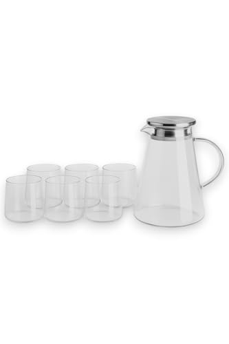 Conjunto de Jarra de Vidro Borossilicato com Tampa Inox 1,8L e 6 Copos de 270ml