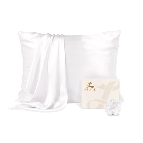 LULUSILK Mulberry Silk Pillow Cases for Hair and Skin, Real Silk Pillowcase with Silk Scrunchies, Hidden Zipper, White, Standard Size, Pack of 1