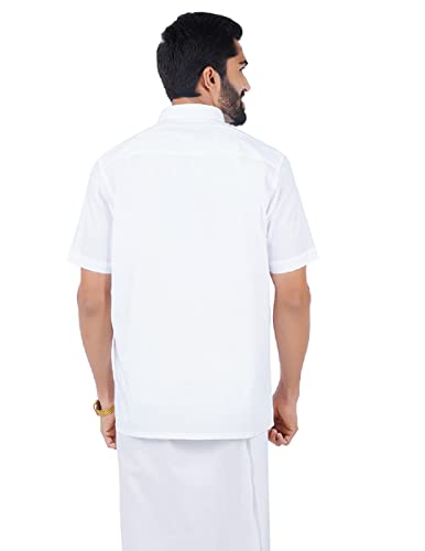 Image of RAMRAJ COTTON Men White Cotton Rich Half Sleeve Collared Classic Shirt