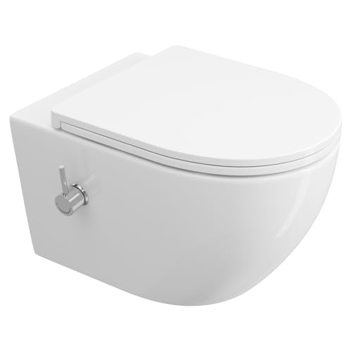 Dusch WC Spülrandlos mit Integrierter Düse, Taharet WC mit mit Kalt-/Warm Wasser Armatur, Hänge WC rund, Wand WC weiß mit Nano, Toilette mit Klodeckel mit Absenkautomatik, WC mit Bidet Funktion