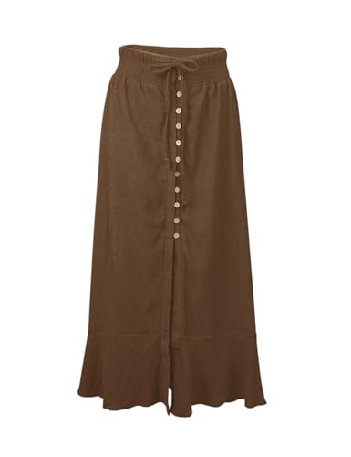 Image of Minclouse Women's Elastic Tie Waist Button Down Maxi Skirts Casual Loose Flowy Swing Slit Front Dress