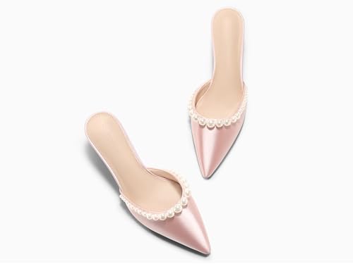 Image of Coutgo Womens Pearl Kitten Heels Closed Pointed Toe Wedding Bride Dress Shoes Ankle Strap Satin Pumps
