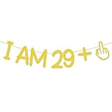 UgyDuky Pre-strung Happy Birthday Banner - No DIY, Gold Glitter Birthday Party Banner for Men & Women I AM 29 +1, Pre-strung Garland on 8 ft Strands, Gold Bday Party Decorations