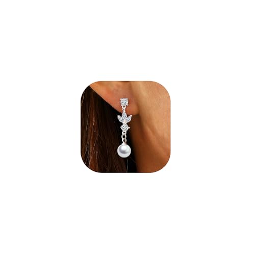 Image of AVOTTO Sterling Silver Dangle Drop Earrings Hypoallergenic Silver Pearl Drop Earrings for Women Dainty Pearl Dangle Earring Wedding Bridesmaid Gift