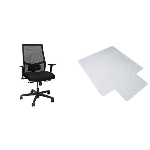Image of Bundle of HON Office Desk Chair Ignition 2.0 - Ergonomic Desk Chair, Home Office Chairs, Adjustable Lumbar & Armrests, Black + Carpet Chair Mat (36 inch x 48 inch)